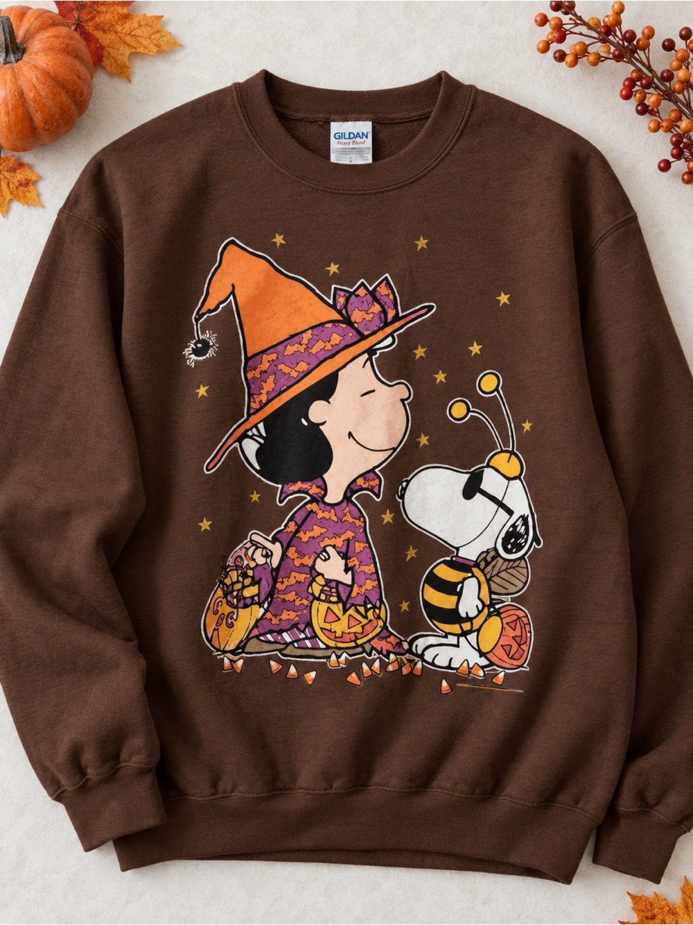 Gildan Brown Sweatshirt with Orange & Purple Costume Halloween Graphic